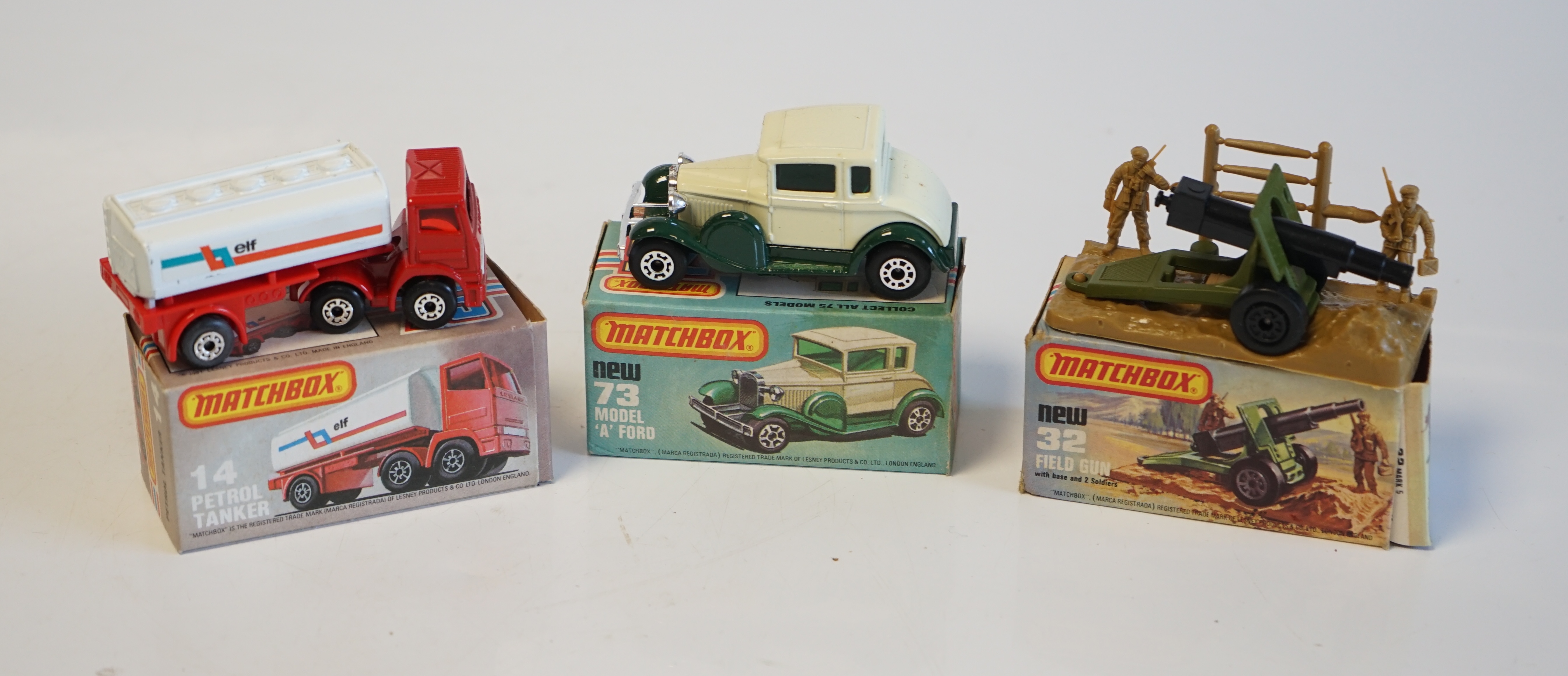 Seventeen boxed Matchbox Series 1-75 diecast vehicles including; 1; Dodge Challenger, 9; Ford RS 2000, 10; Plymouth Police Car and another, 11; Car Transporter, 14; Petrol Tanker and another, 28; Formula Racing Car, 32;